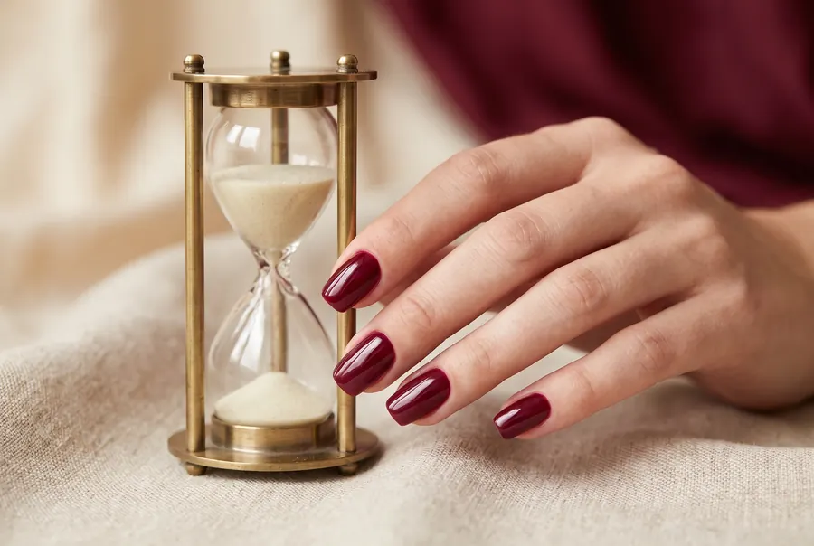 Gelnägel Haltbarkeit — Burgundy Maniküre mit Sanduhr