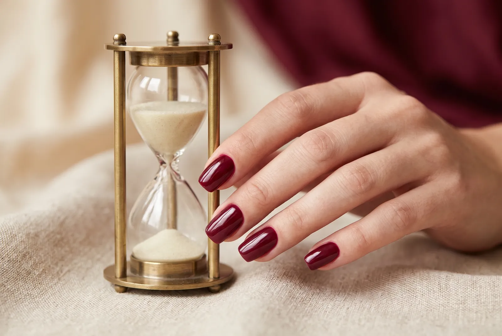 Wie lange halten Gelnägel — Hand mit Burgundy Gel-Maniküre neben Sanduhr, Haltbarkeit über Wochen, Nagelstudio Wien